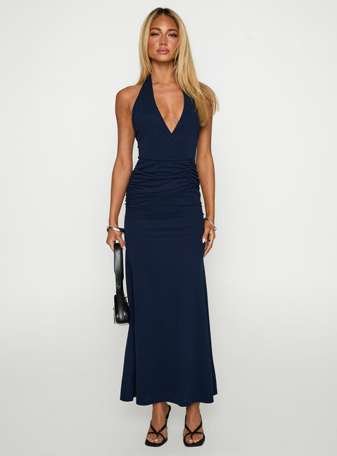 side view of model wearing Princess Polly Casino Halter Maxi Navy Plunger 