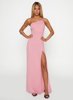 front view of model wearing Princess Polly Kiss Of Life Chiffon Maxi Dress Pink Asymmetric Neckline 