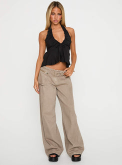 front view of model wearing Princess Polly Gadot Halter Top Black Sleeveless Plunger 