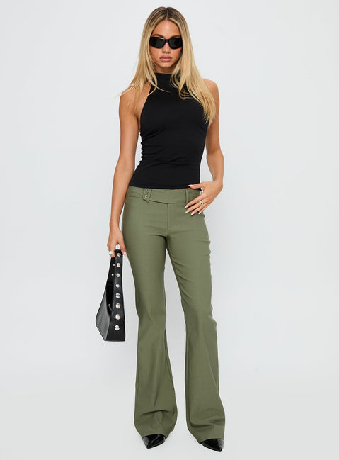 front view of model wearing Princess Polly Kinkirk Flared Pants Olive Green Low Rise Pants 