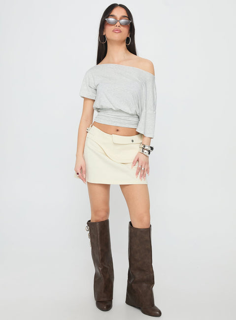   front view of model wearing Princess Polly Supersonic Belted Denim Mini Skirt Ivory Mini Skirts 