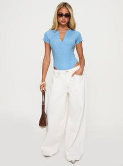 back view of model wearing Princess Polly Kerra Short Sleeve Bodysuit Blue Short Sleeves 