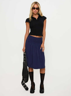   front view of model wearing Princess Polly Elaila Pleat Midi Skirt Navy Midi Skirts Skirts 