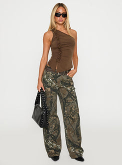 front view of model wearing Princess Polly Raiders Cargo Pant Camouflage Low Rise Jeans 