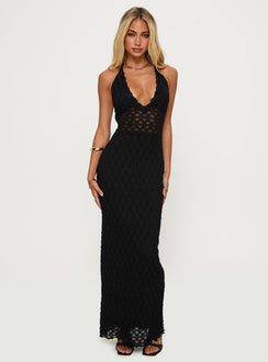 front view of model wearing Princess Polly San Lorenzo Crochet Maxi Dress Black Plunger 
