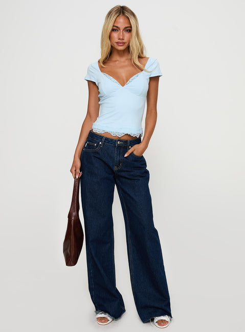 back view of model wearing Princess Polly Full Of Wonder Top Blue Short Sleeves V-Neck 