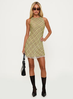 front view of model wearing Princess Polly Buffie Shoulder Mini Dress Green Check Crew Neck 