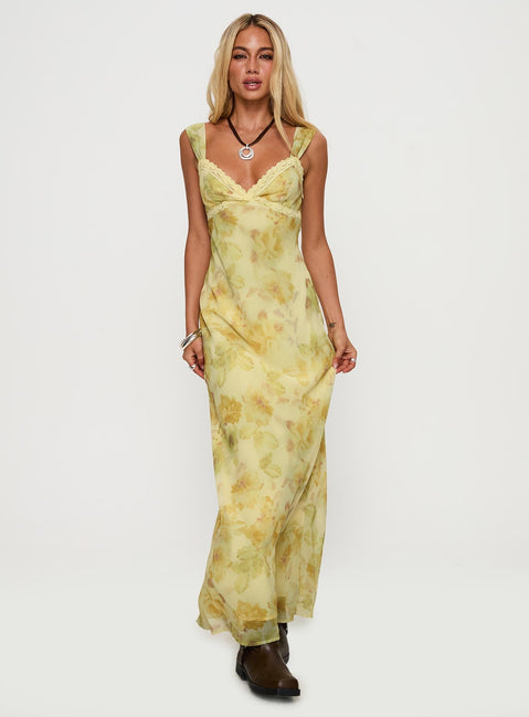 front view of model wearing Princess Polly Fernwood Maxi Dress Yellow Multi Plunger 