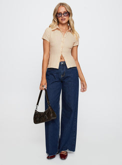 front view of model wearing Princess Polly Lift Off Button Up Top Cream / Navy Stripe Short Sleeves V-Neck 