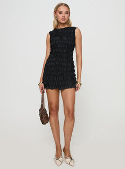 front view of model wearing Princess Polly Guccio Mini Dress Onyx Boat Neck 