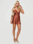 Mini dress Satin material, v neckline, adjustable straps with tie detail at back, invisible zip fastening at side Non-stretch material, lined bust