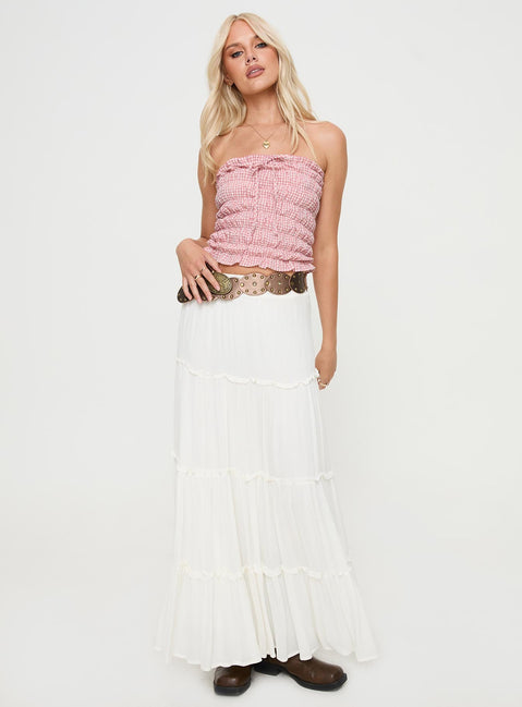 front view of model wearing Princess Polly Layton Strapless Top Red Check Sleeveless straight 