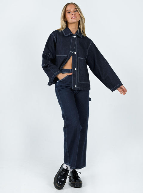 Denim jacket Dark wash denim Contrast stitch detail Classic collar Button fastening Twin hip pockets