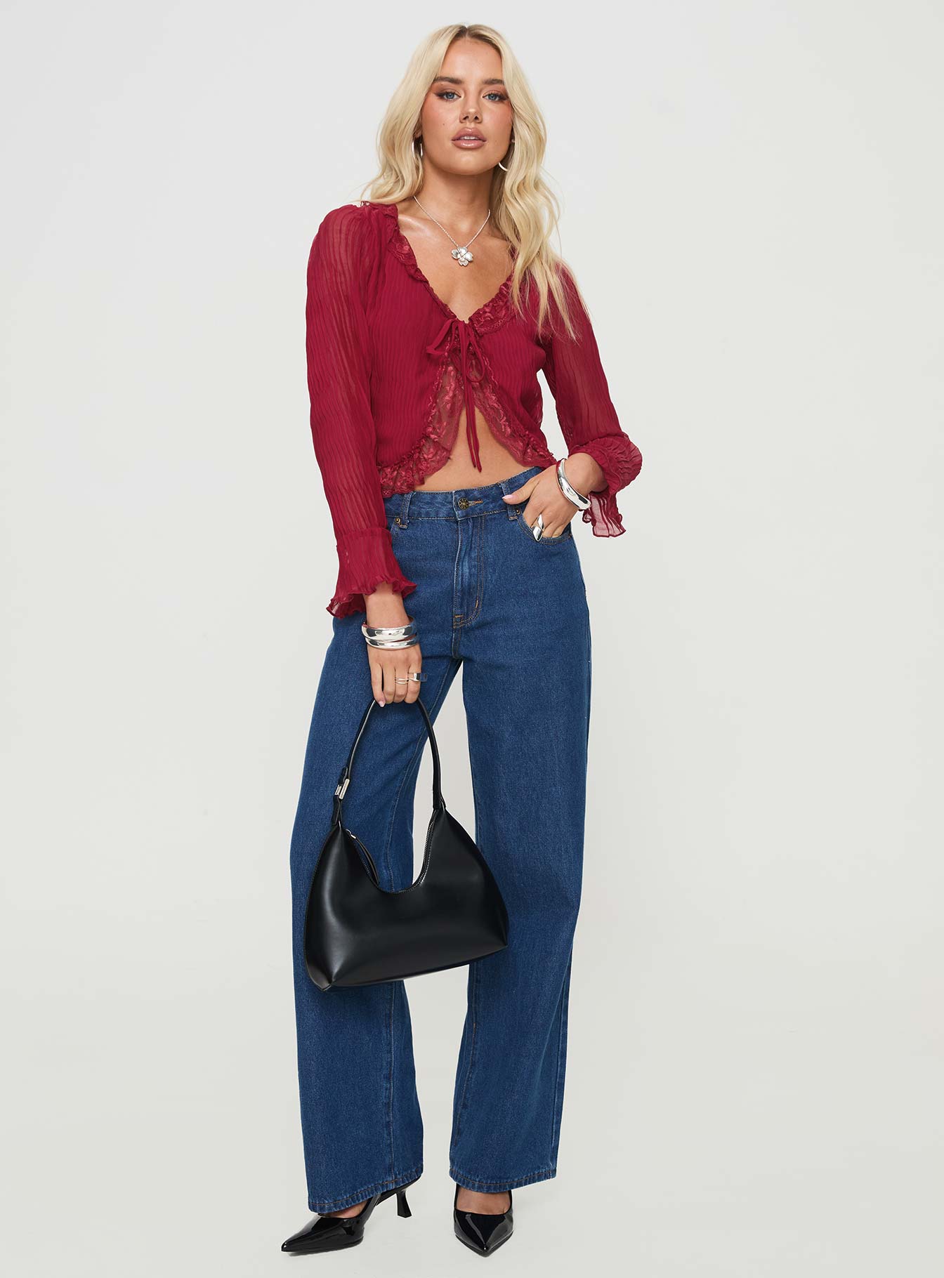 Long sleeve top Plunging neckline, lace trim, tie fastening at bust, elasticated wrists, sheer sleeves Non-stretch, lined bust