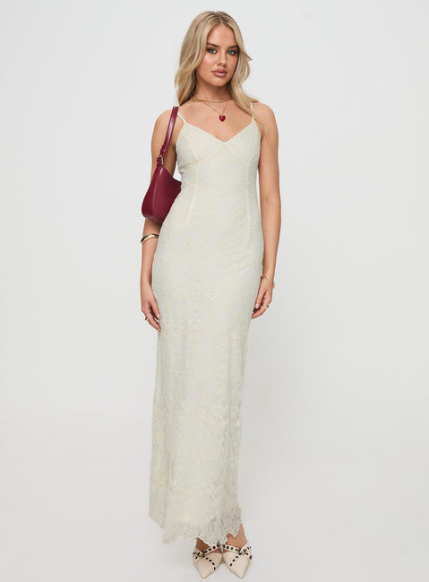 front view of model wearing Princess Polly Euphemia Maxi Dress Cream V-Neck 