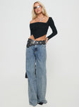 Long sleeve top Off-shoulder style, rib-knit material, silver-toned buckle detail, asymmetric hem Good stretch, unlined 