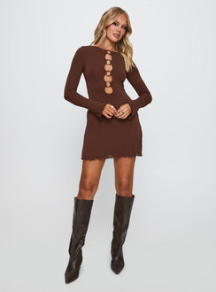 front view of model wearing Princess Polly Dejonge Ring Mini Dress Brown Crew Neck 