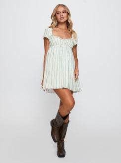 back view of model wearing Princess Polly Monsterrat Mini Dress Blue Stripe Sweetheart Neckline 