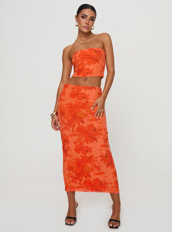Floral two piece set Strapless crop top, inner silicone strip at bust Low rise maxi skirt Good stretch, fully lined Princess Polly Lower Impact 