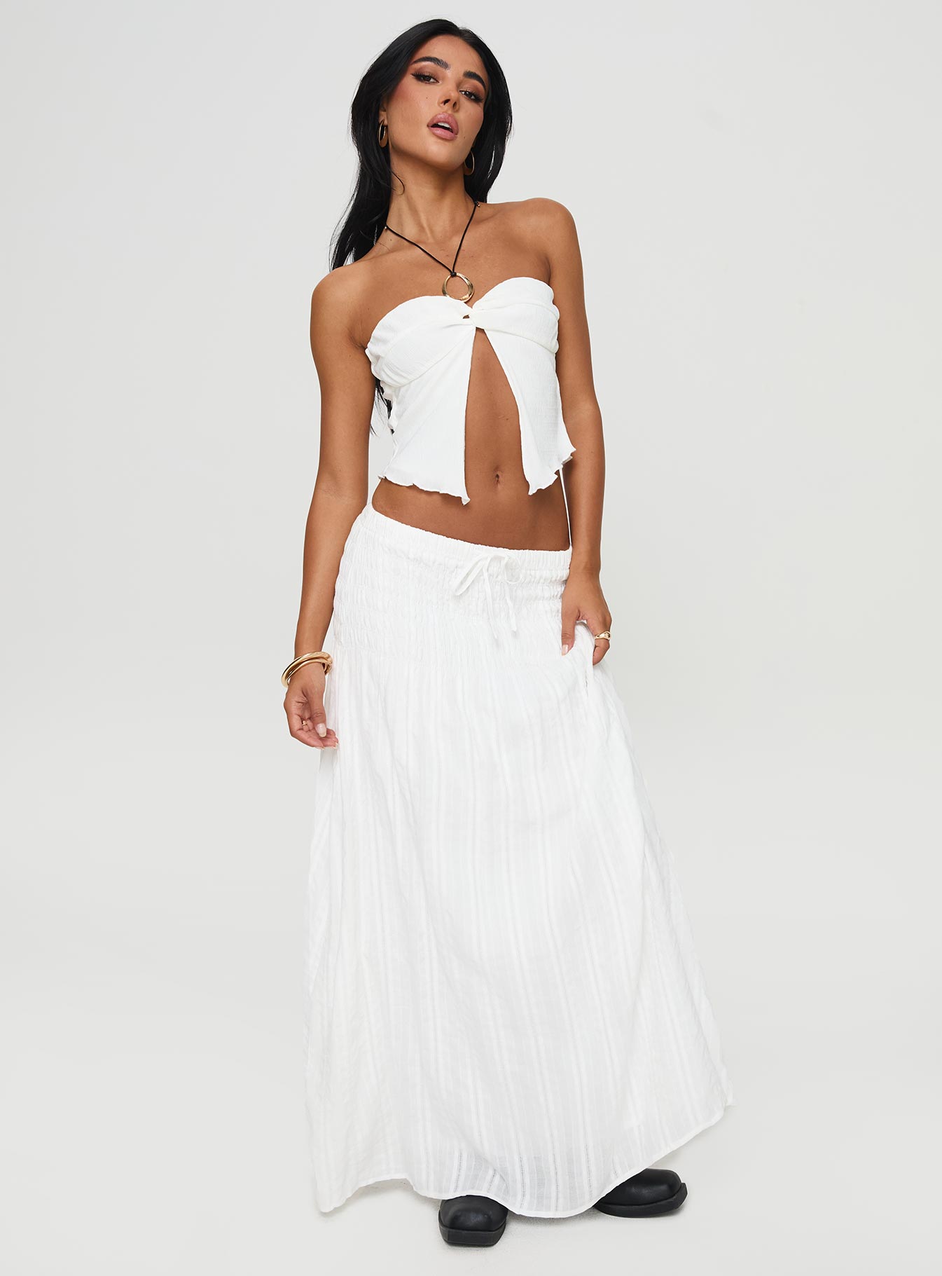  side view of model wearing Princess Polly Carana Maxi Skirt White Maxi 