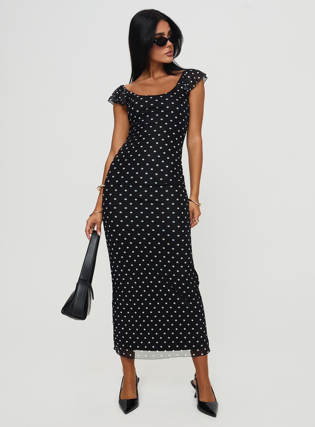 front view of model wearing Princess Polly Sandberg Maxi Dress Black Polka Dot Scoop Neck 