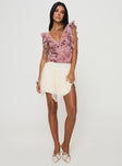 Top  V neckline, floral print, lace trim, frill detail, invisible zip fastening Non-stretch material, fully lined 