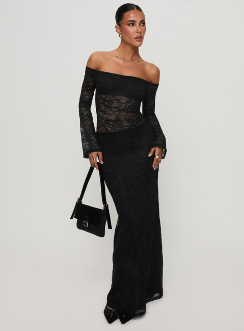 front view of model wearing Princess Polly Pinot Grigio Long Sleeve Lace Maxi Dress Black Straight Neck 
