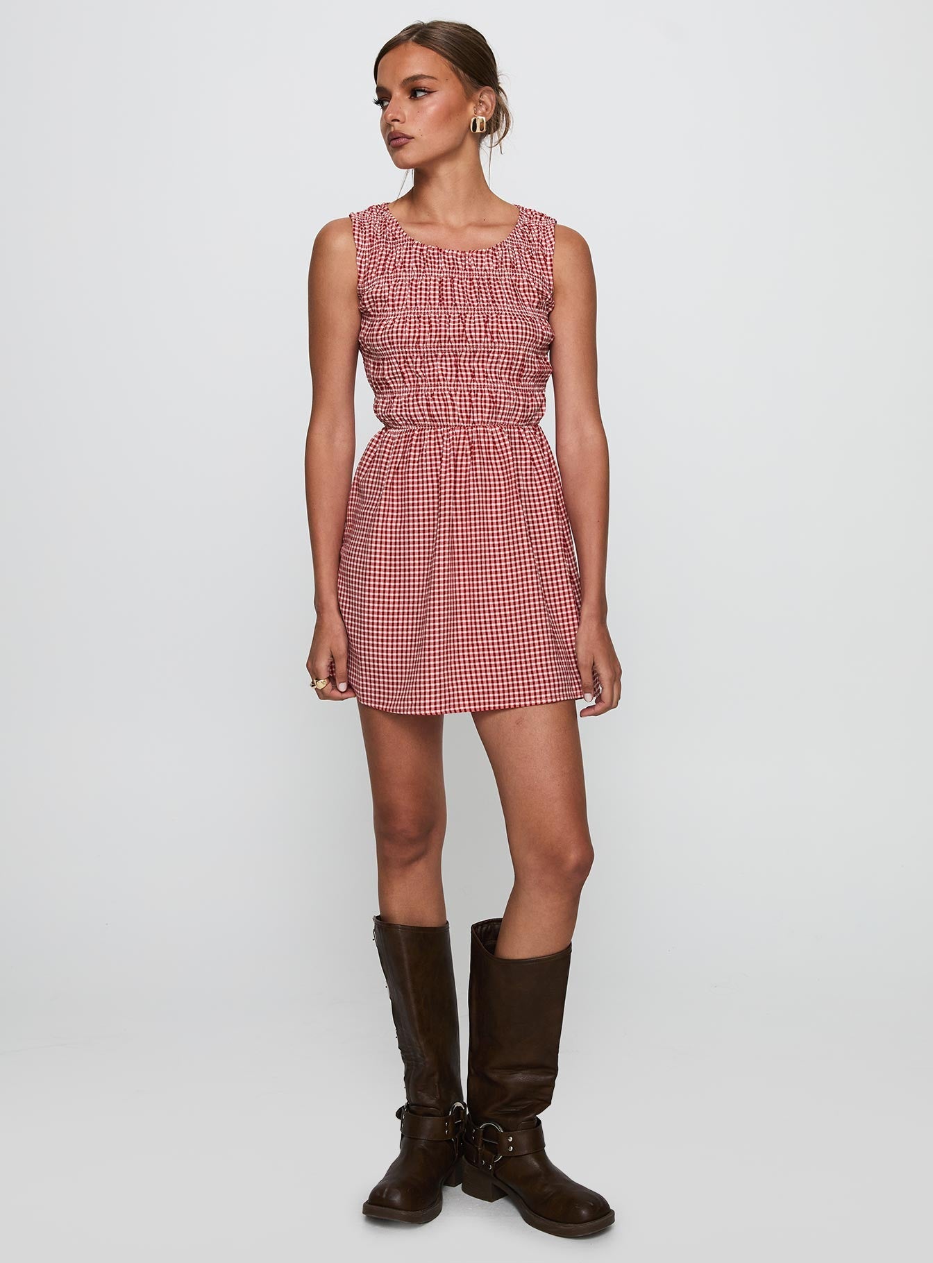 front view of model wearing Princess Polly Winxie Shirred Mini Dress Red Gingham Scoop Neck 