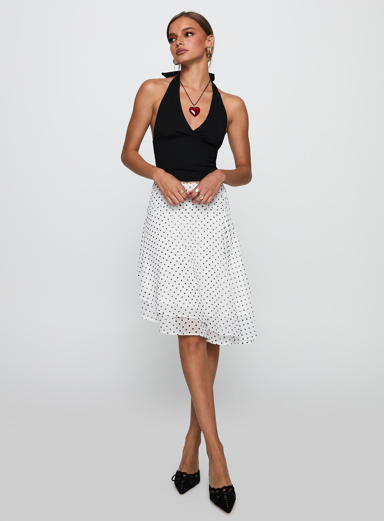   front view of model wearing Princess Polly Evanescence Asymmetrical Midi Skirt White / Polka Dot Midi Skirts 