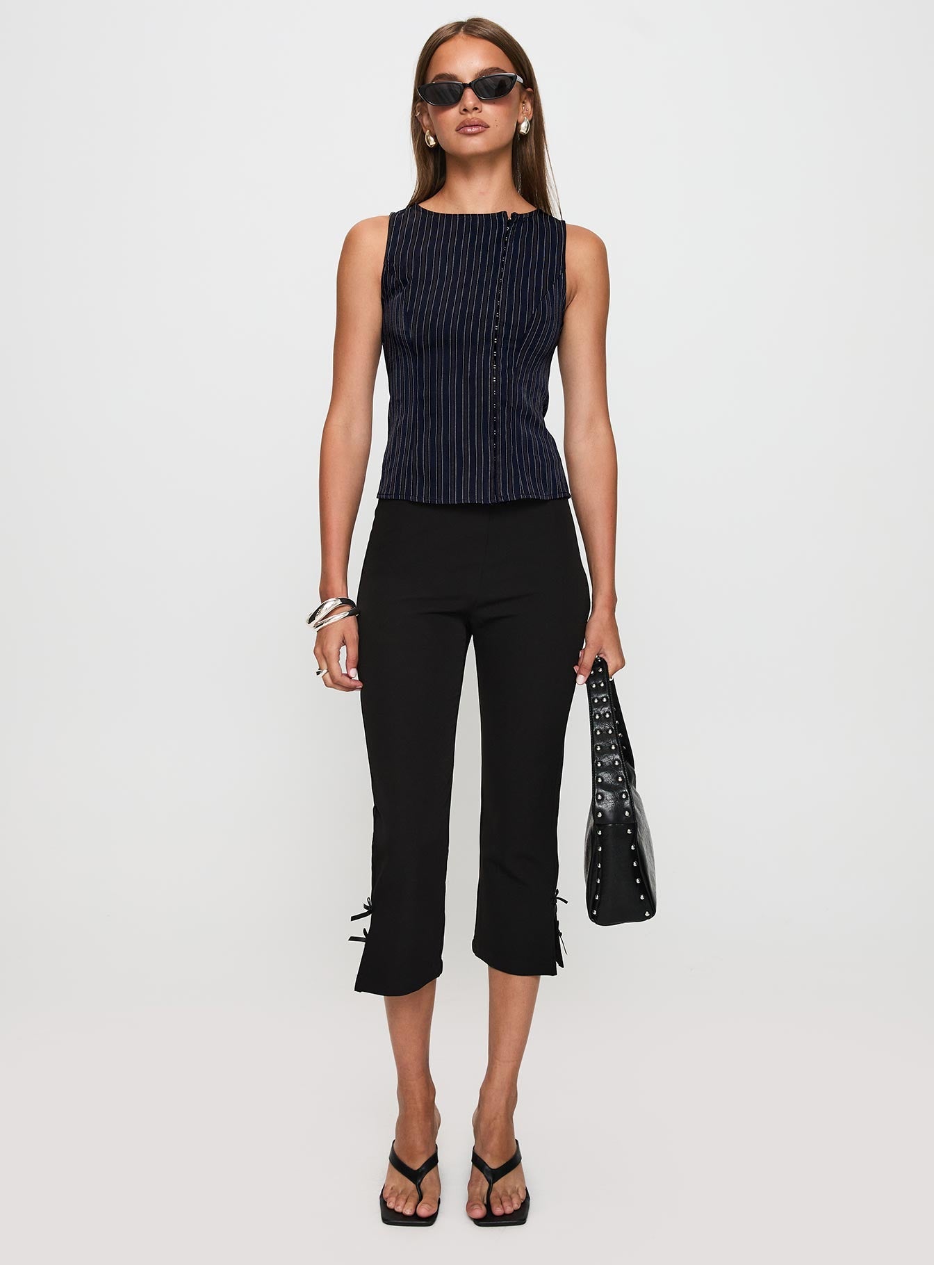 front view of model wearing Princess Polly Running Wild Top Blue Stripe Sleeveless Crew Neck 