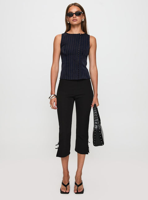 front view of model wearing Princess Polly Running Wild Top Blue Stripe Sleeveless Crew Neck 