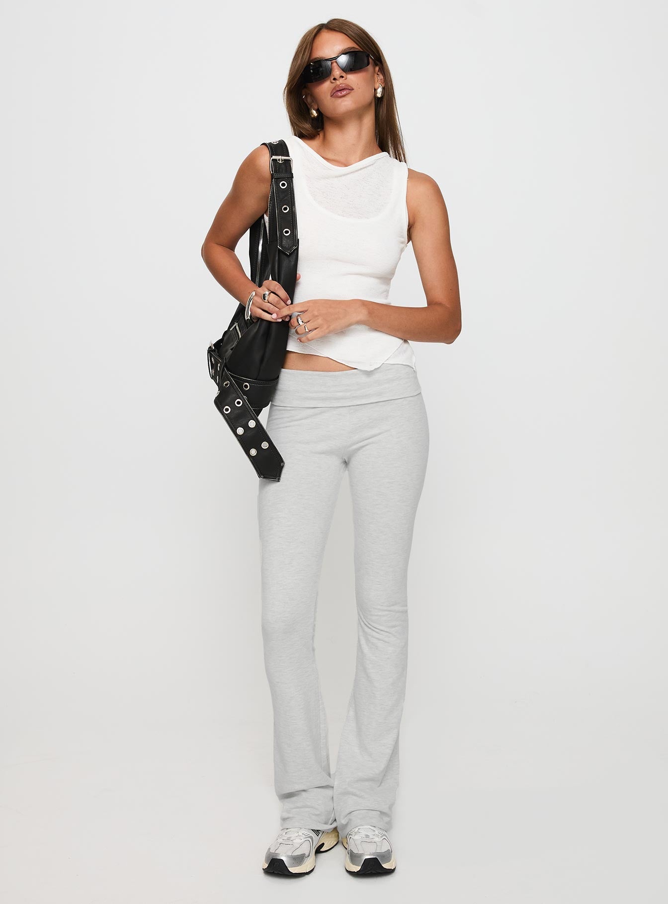 front view of model wearing Princess Polly Movement Yoga Pant Grey Marle Low Rise Pants 