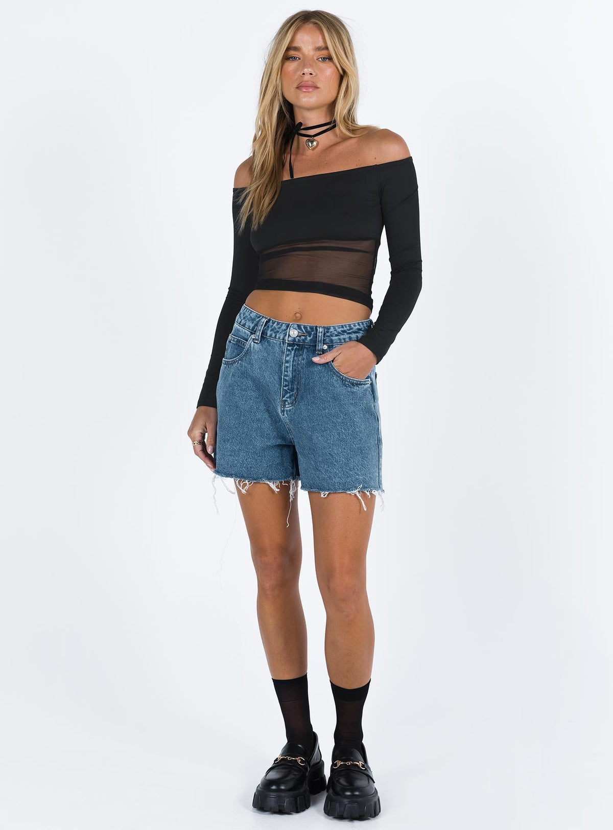 front view of model wearing Princess Polly Laurena Dark Denim Shorts Tall High Waisted Shorts 