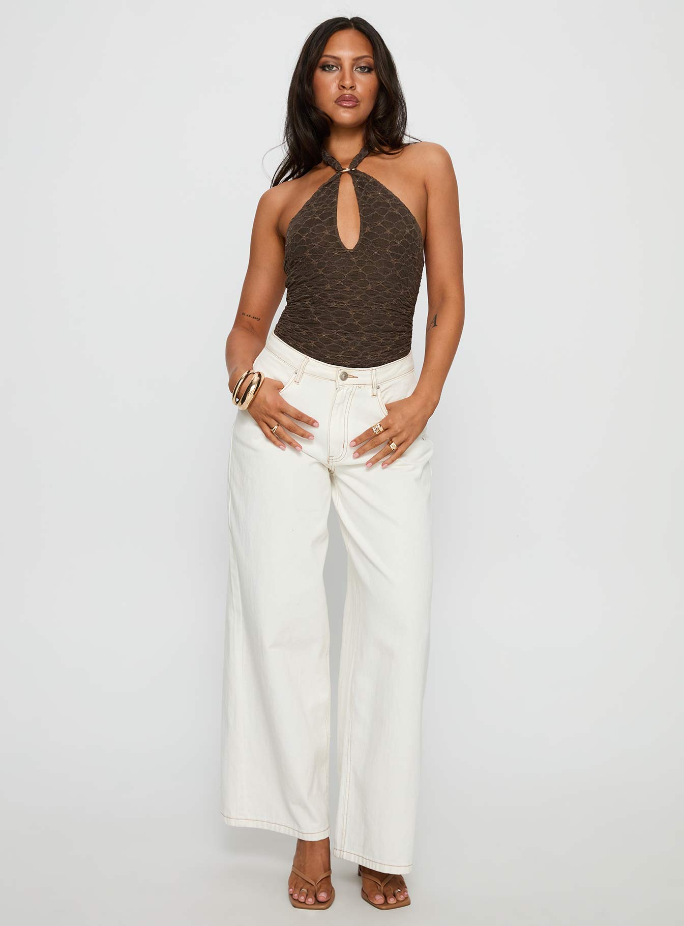 front view of model wearing Princess Polly Libbey Hardware Detail Textured Bodysuit Brown Sleeveless 