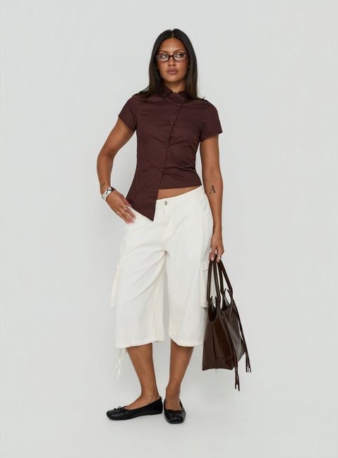 Naomee Asymmetrical Collared Short Sleeve Top Chocolate