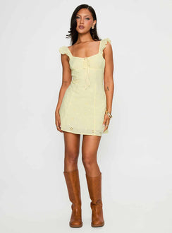 front view of model wearing Princess Polly Sunbather Mini Dress Yellow Sweetheart Neckline 