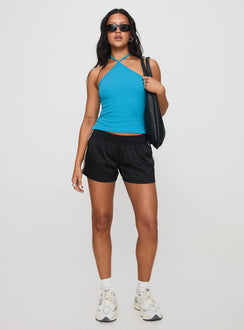 front view of model wearing Princess Polly Baseline Halter Rib Top Blue Sleeveless 