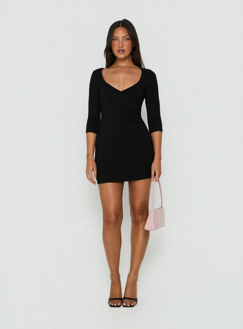 Florisa 3/4 Sleeve V Neck Mini Dress Black