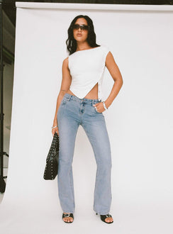front view of model wearing Princess Polly Bethany Bootleg Low Rise Jeans Light Wash Low Rise Jeans 