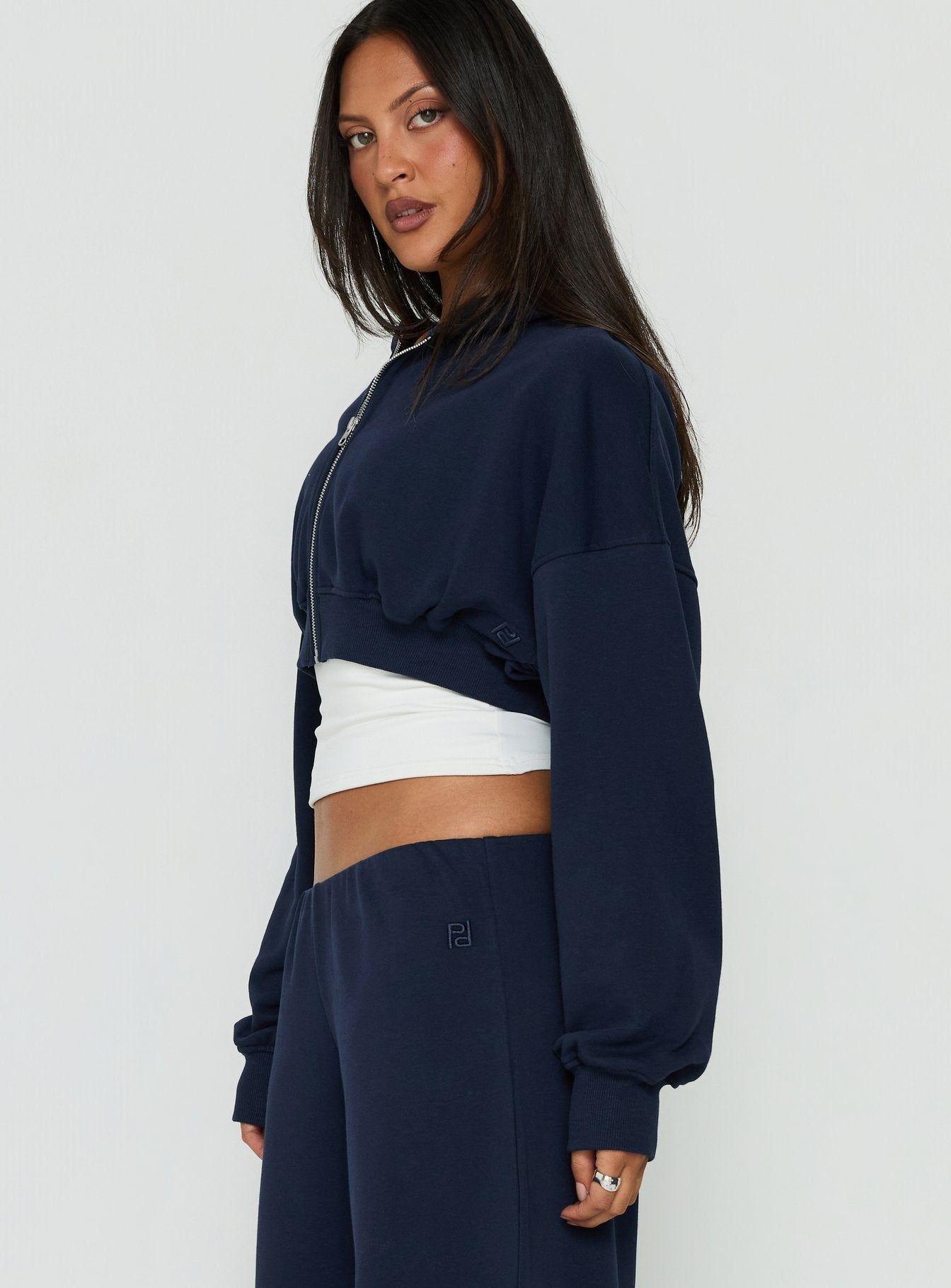 Lanna Fleece Zip Through Cropped Hoodie Navy