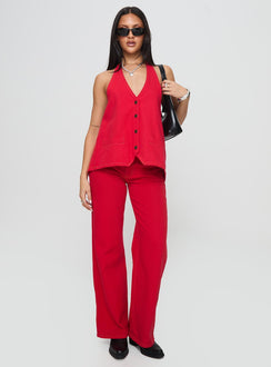 front view of model wearing Princess Polly Hills Halter Crimson Sleeveless V-Neck 