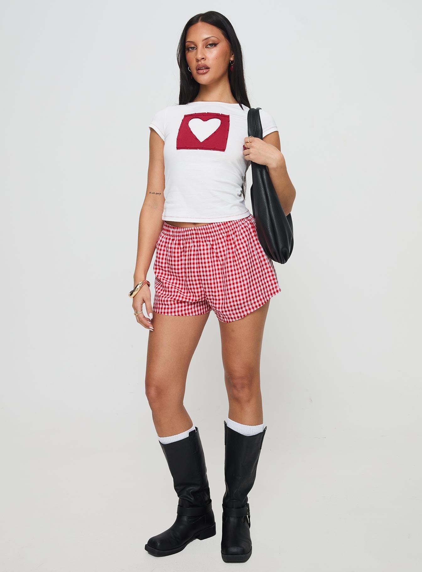 front view of model wearing Princess Polly Were Lovers Baby Tee White Short Sleeves Crew Neck 