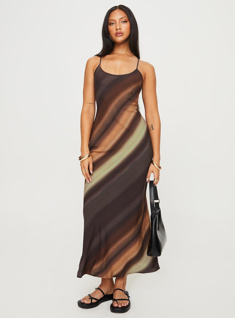 front view of model wearing Princess Polly Otillie Maxi Dress Brown Multi Petite Scoop Neck 