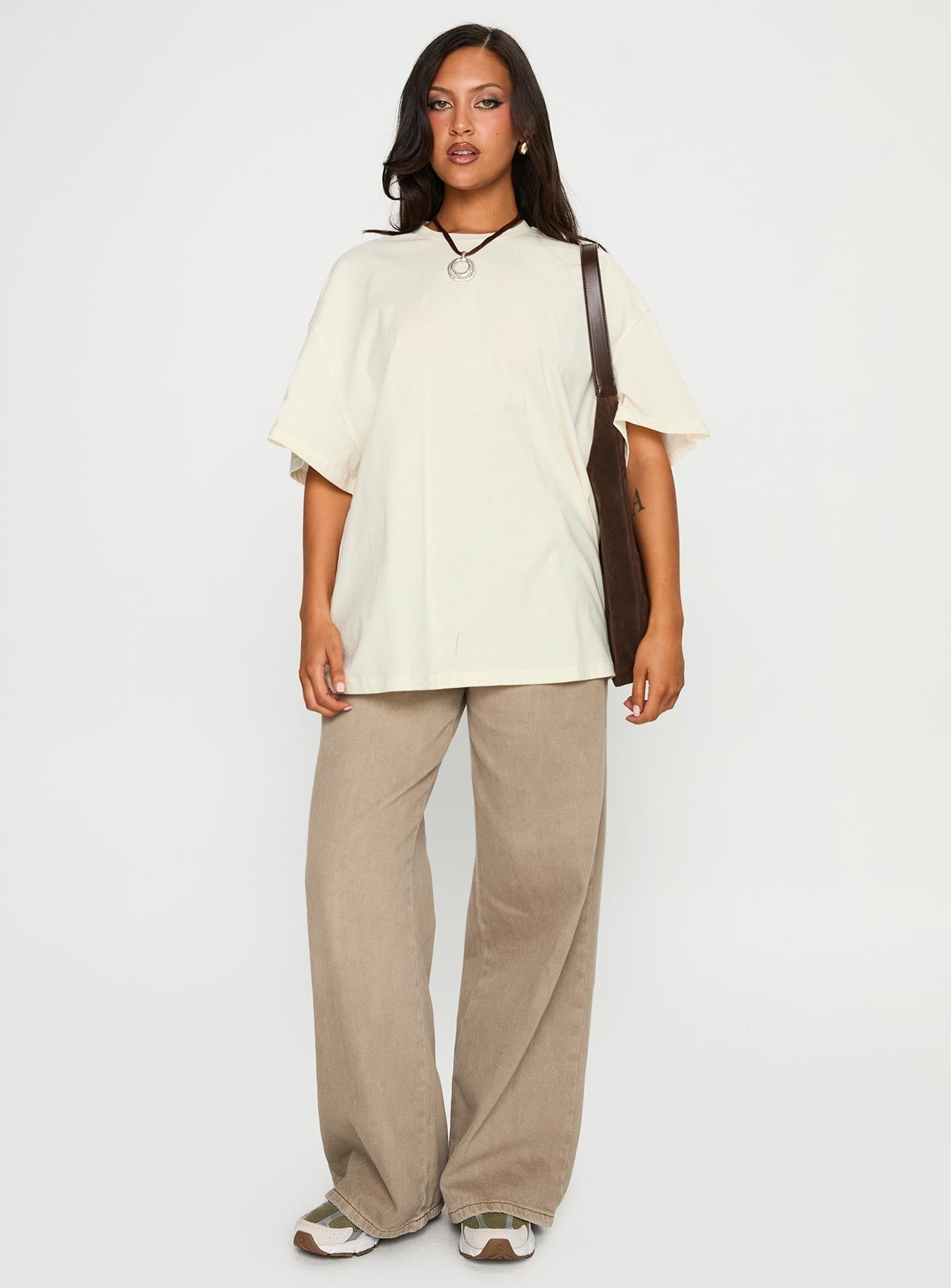 front view of model wearing Princess Polly What's In My Bag Graphic Top Cream / Multi Half Sleeves Crew Neck 