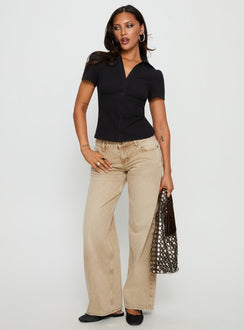 front view of model wearing Princess Polly Ellanor Low Rise Straight Leg Jeans Tan Low Rise Jeans 