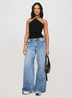 front view of model wearing Princess Polly Baseline Halter Rib Top Black Sleeveless 