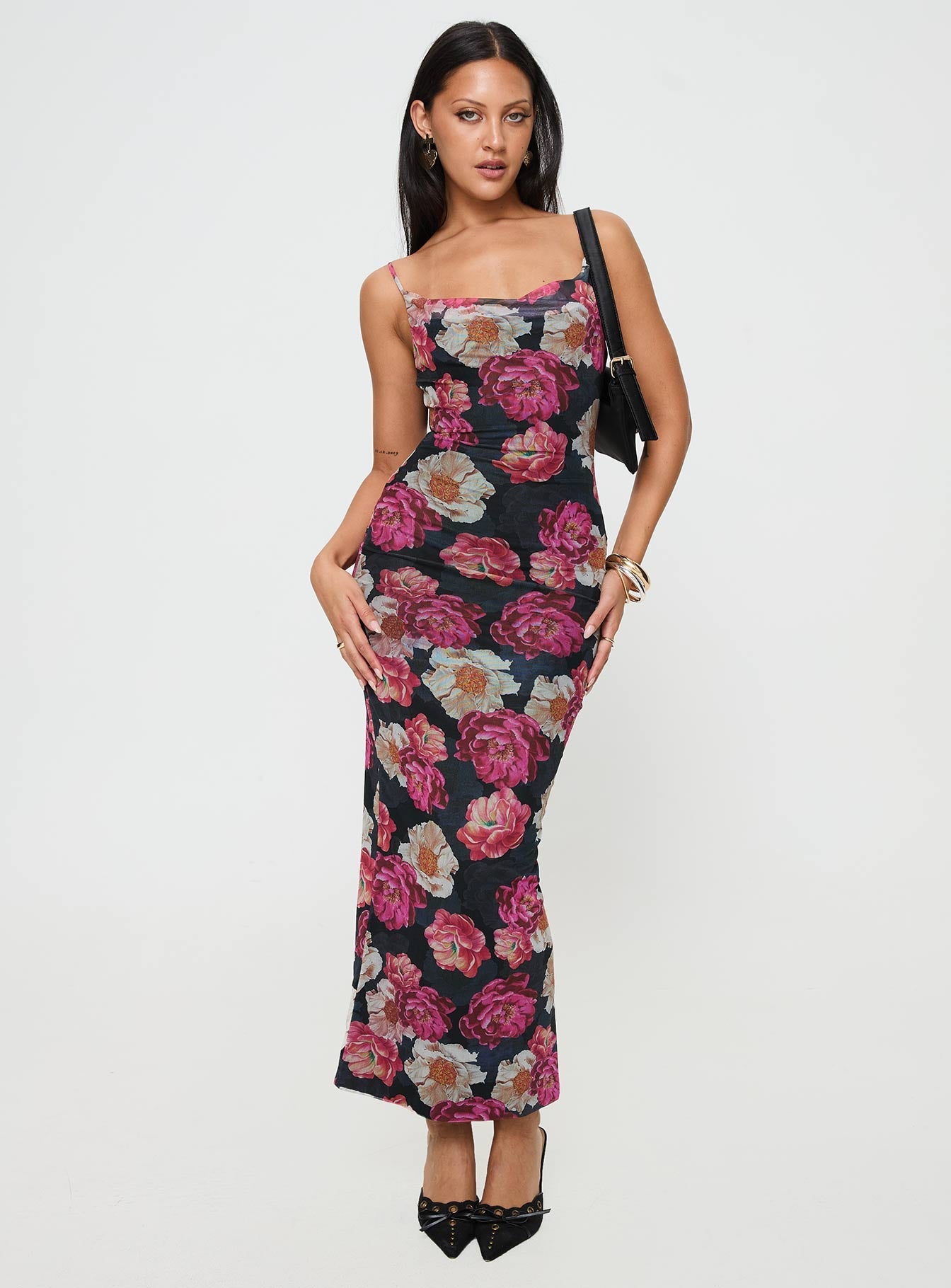 front view of model wearing Princess Polly Auley Maxi Dress Multi / Red Floral Cowl Neck 