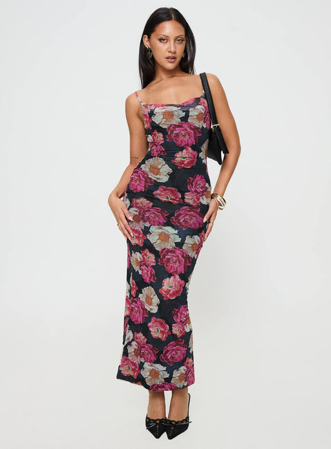 front view of model wearing Princess Polly Auley Maxi Dress Multi / Red Floral Cowl Neck 