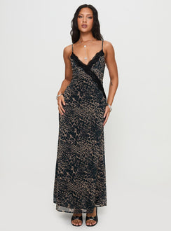 side view of model wearing Princess Polly Rosalba Maxi Dress Leopard Plunger 