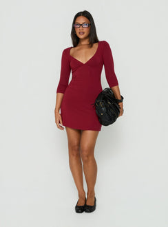 Florisa 3/4 Sleeve V Neck Mini Dress Red